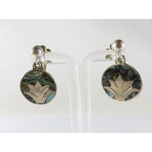 Figural Palm Leaf Disc Abalone & Sterling Taxco Mexico VKE Silver Screw Back Ear